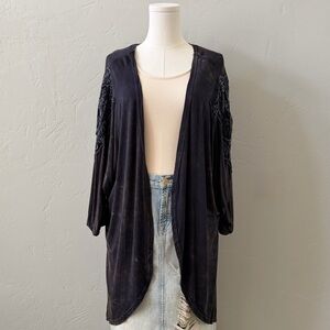 POL Navy Mineral Wash Lace Shoulder Kimono Duster Open Front Cardigan L